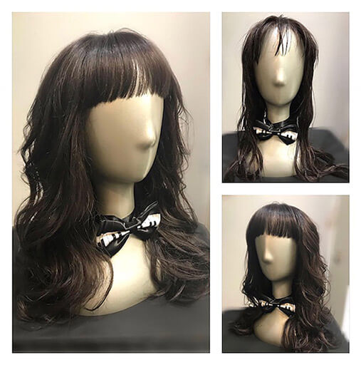 dark, long-haired natural looking wigs in a collage