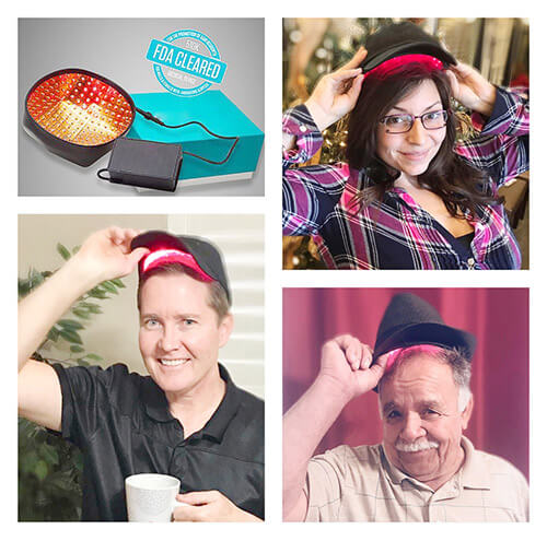 Low-level laser therapy caps are FDA cleared and a great solution for men and women, young and old. A collage of men and a woman using the capillus laser hair therapy cap in everyday home situations.